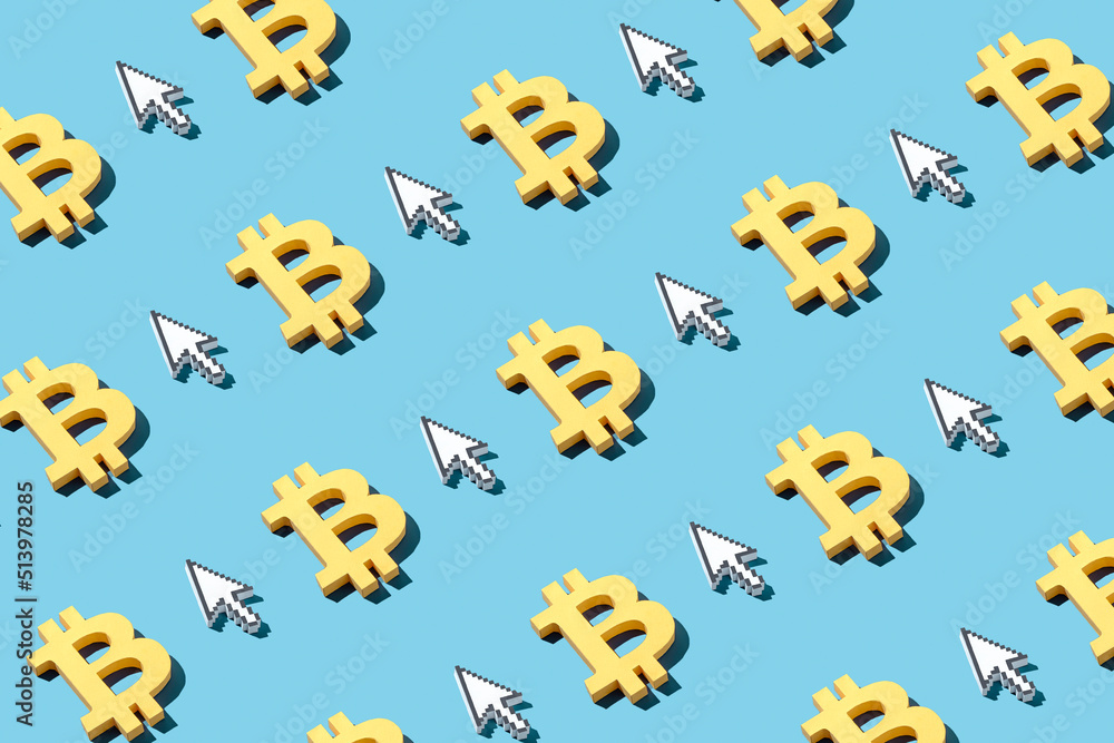 Poster bitcoin pattern and mouse pointer as internet digital business concept of financial innovations of e
