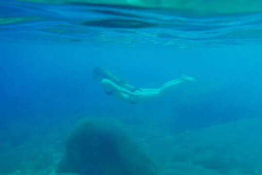 Beautiful Woman Swimming Underwater On Paradise Beach Freedom Wellbeing Lifestyle Summer Vacation Wanderlust