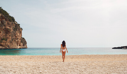 Fototapeta na wymiar Beautiful woman in bikini on beach paradise enjoyment of healthy travel vacation
