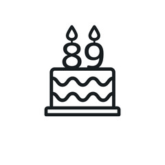 Birthday cake line icon with candle number 89 (eighty-nine). Vector.