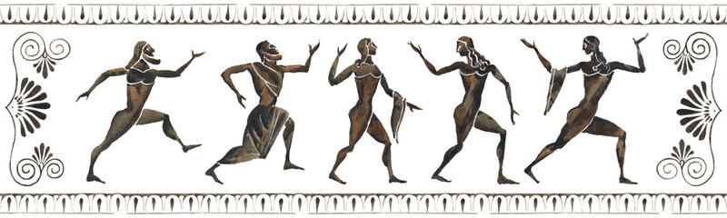 Terracotta Bowl Ancient Greek Art. Dancing people. Web banner. - obrazy, fototapety, plakaty