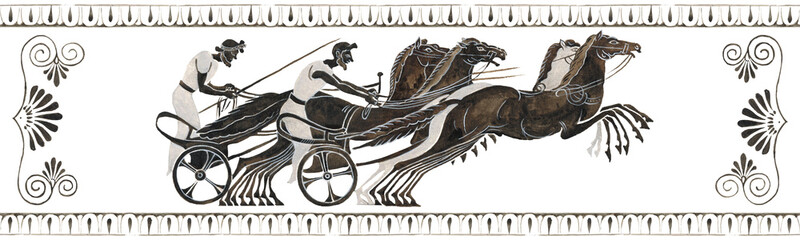  Terracotta Bowl Ancient Greek Art. Cavalry. Web banner. - obrazy, fototapety, plakaty