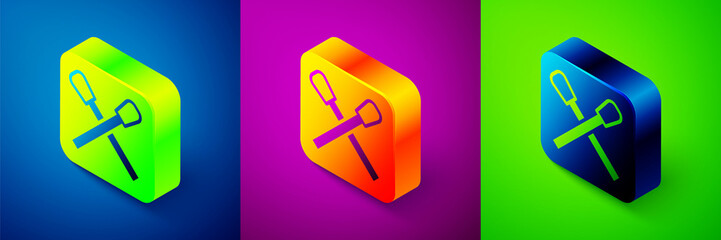 Isometric Burning match with fire icon isolated on blue, purple and green background. Match with fire. Matches sign. Square button. Vector