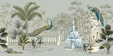 Park vintage Italian landscape, gallery, peacock, statue, fountain, palm trees floral seamless border grey background. Garden botanical mural.