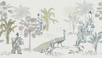 Fototapety  Vintage Chinese landscape, people, peacock,  tree seamless border. Chinoiserie mural.