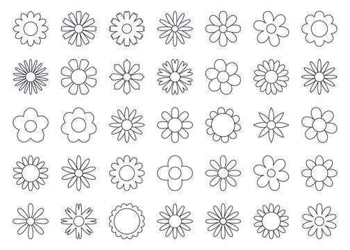 Vector flowers icons. Editable stroke. Seth line art symbols. Summer flower spring decoration. Plant leaf sign Isolated stock illustration