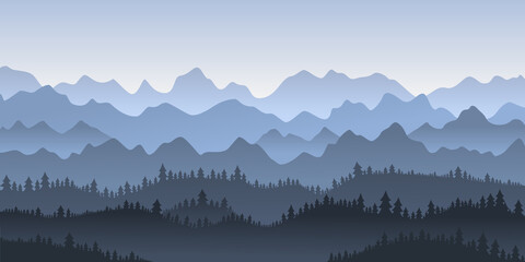 Abstract illustration of mountains silhouette view. Vector graphic landscape with mountains and trees. Morning panoramic with fog in a blue haze. Silhouettes of mountains plants against the dawn sky
