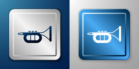 White Trumpet icon isolated on blue and grey background. Musical instrument. Silver and blue square button. Vector