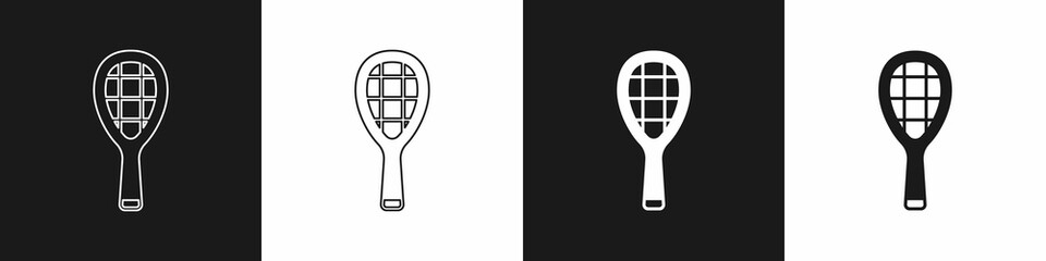 Set Tennis racket icon isolated on black and white background. Sport equipment. Vector
