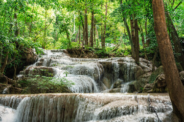 beautiful emerald waterfalls green forest mountains guiding for backpacker Thailand destinations backpacking camping relaxing hiking at Erawan waterfall national park, Sinakharin Dam, Kanchanaburi.