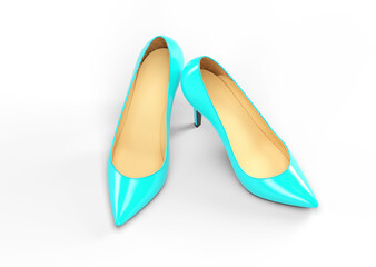 A pair of turquoise women's shoes on a white background. 3D rendering illustration.