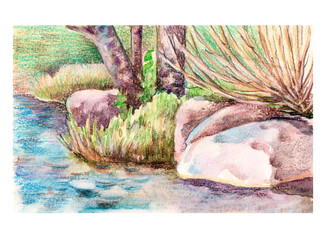 River and forest  painting in watercolor. Handmade landscape.