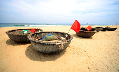 Traditional Boats at a Beach in Hoi An, Vietnam, Asia.