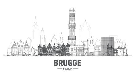 Obraz premium Brugge line skyline vector illustration at white background. Business travel and tourism concept with famous France landmarks.