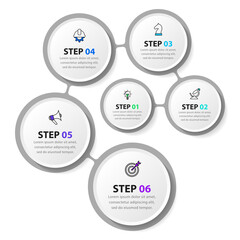 Infographic template. 6 connected circles with text and icons