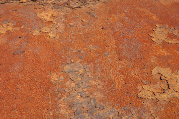 Closeup of surface of flaking, weathered, rusty metal