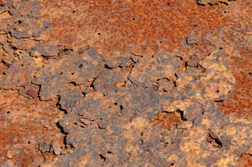 Closeup of surface of flaking, weathered, rusty metal