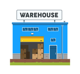 The warehouse building is blue and small. Industrial building. Logistics and delivery. Flat vector illustration isolated on white background