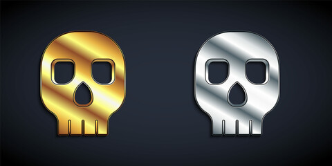 Gold and silver Skull icon isolated on black background. Happy Halloween party. Long shadow style. Vector