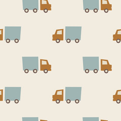 Cute cartoon truck seamless pattern. Bohemian baby print. Kids design of fabric, packaging, wallpaper. Vector illustration with a Boho style vehicle. Wall art nursery