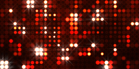 Glowing pattern wallpaper. Glamour background of colorful lights with spotlights. Shining lights party leds on black background. Digital illustration of stage or stadium spotlights.