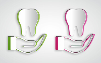 Paper cut Tooth icon isolated on grey background. Tooth symbol for dentistry clinic or dentist medical center and toothpaste package. Paper art style. Vector