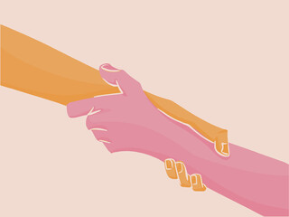 Concept of support and help. Illustration of two right hands holding each other strongly