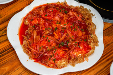 A delicious Chinese Guangxi dish, fried egg with five willows