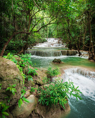 beautiful emerald waterfalls green forest mountains guiding for backpacker Thailand destinations backpacking camping relaxing hiking at Huai Mae Khamin waterfall national park, Kanchanaburi.