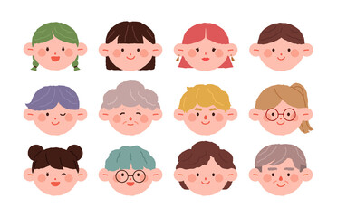 Hand drawn various cute character faces icons. Face flat vector illustration collection.