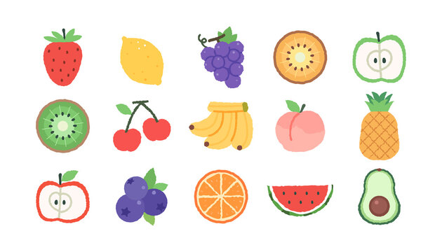 Various fruits hand drawn icons. Cute fruits flat vector illustration.