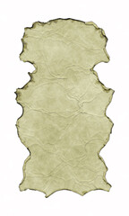 Antique parchment banner with burnt and curled edges isolated on white background. 3D fantasy illustration. Old vintage scroll with wrinkles and folds. Medieval ancient shield. Menu template.
