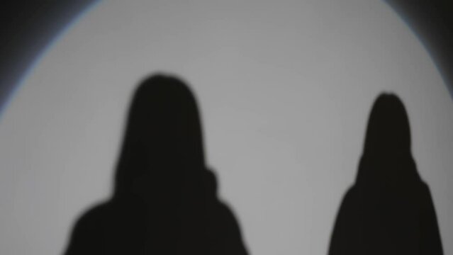 Two Female Shadows Come Out Into The Light From The Spotlight And Turn On Each Other.White Background, Studio