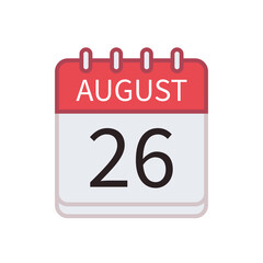 Calendar icon of 26 August. Date and month. Flat vector illustration..