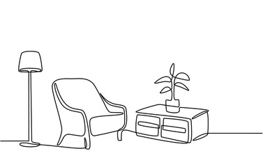 Continuous line drawing of furniture for living room interior with chair lamp and potted plants. Stylish furniture for the living room interior in doodle style.