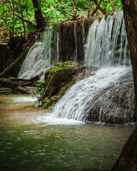 beautiful emerald waterfalls green forest mountains guiding for backpacker Thailand destinations backpacking camping relaxing hiking at Huai Mae Khamin waterfall national park, Kanchanaburi.