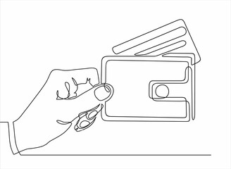 Continuous one line drawing of hand holding wallet with credit card inside. Can used for logo, emblem, slide show and banner. 