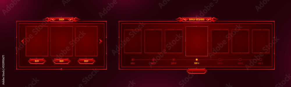 Poster hud frames for game shop and daily reward board. vector cartoon illustration of gui design of red ga