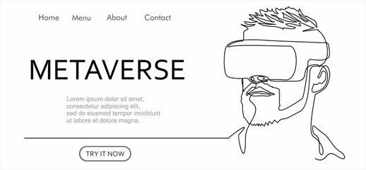 Metaverse digital cyber world technology, man with virtual reality VR goggle continuous one line drawing. Can used for logo, emblem, slide show and banner. Illustration with quote template.  