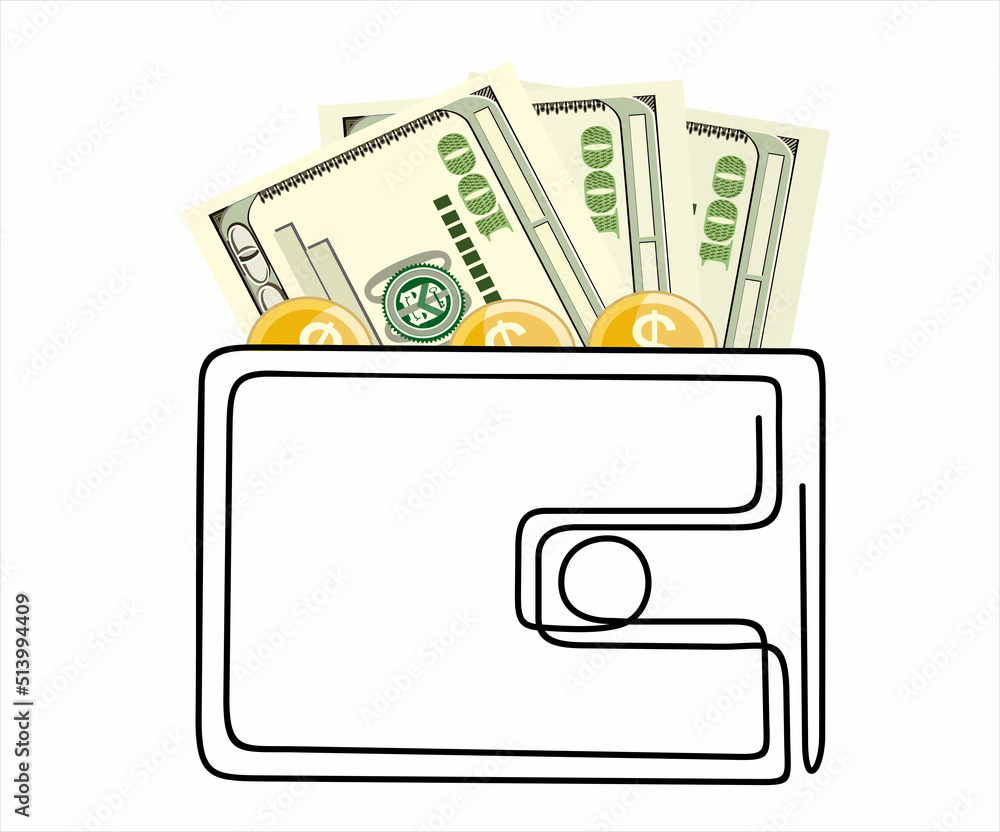 Poster continuous one line drawing wallet with money inside. one line vector illustration.