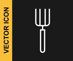 White line Garden pitchfork icon isolated on black background. Garden fork sign. Tool for horticulture, agriculture, farming. Vector