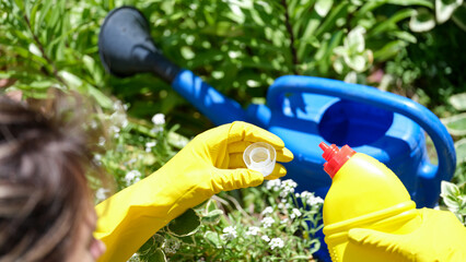 Gardener hands pour fertilizer concentrate into watering can