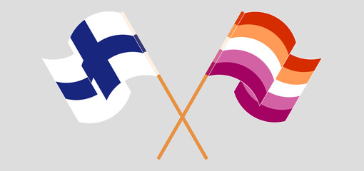 Crossed and waving flags of Finland and Lesbian Pride