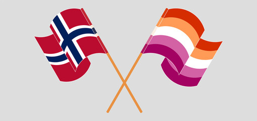 Crossed and waving flags of Norway and Lesbian Pride