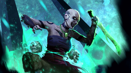 Bald dangerous woman assassin attacks with a dagger in a jump. 2d illustration