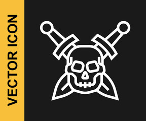 White line Crossed medieval sword with skull icon isolated on black background. Medieval weapon. Vector
