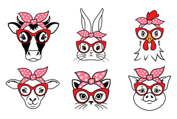 Funny farm animals with bandana and glasses. Cute animal face. Country symbols or emblem