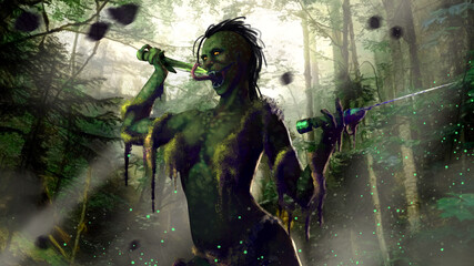 Sexy monster woman with daggers stands in the middle of the swamp on the background of the forest. 2d illustration © Iobard