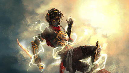 A young beautiful princess with a dagger in her hand casts lightning in a jump against the backdrop of the sun. 2d illustration. © Iobard