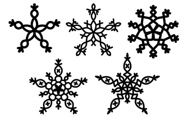 Set of black silhouette of Christmas snowflakes isolated on white background.